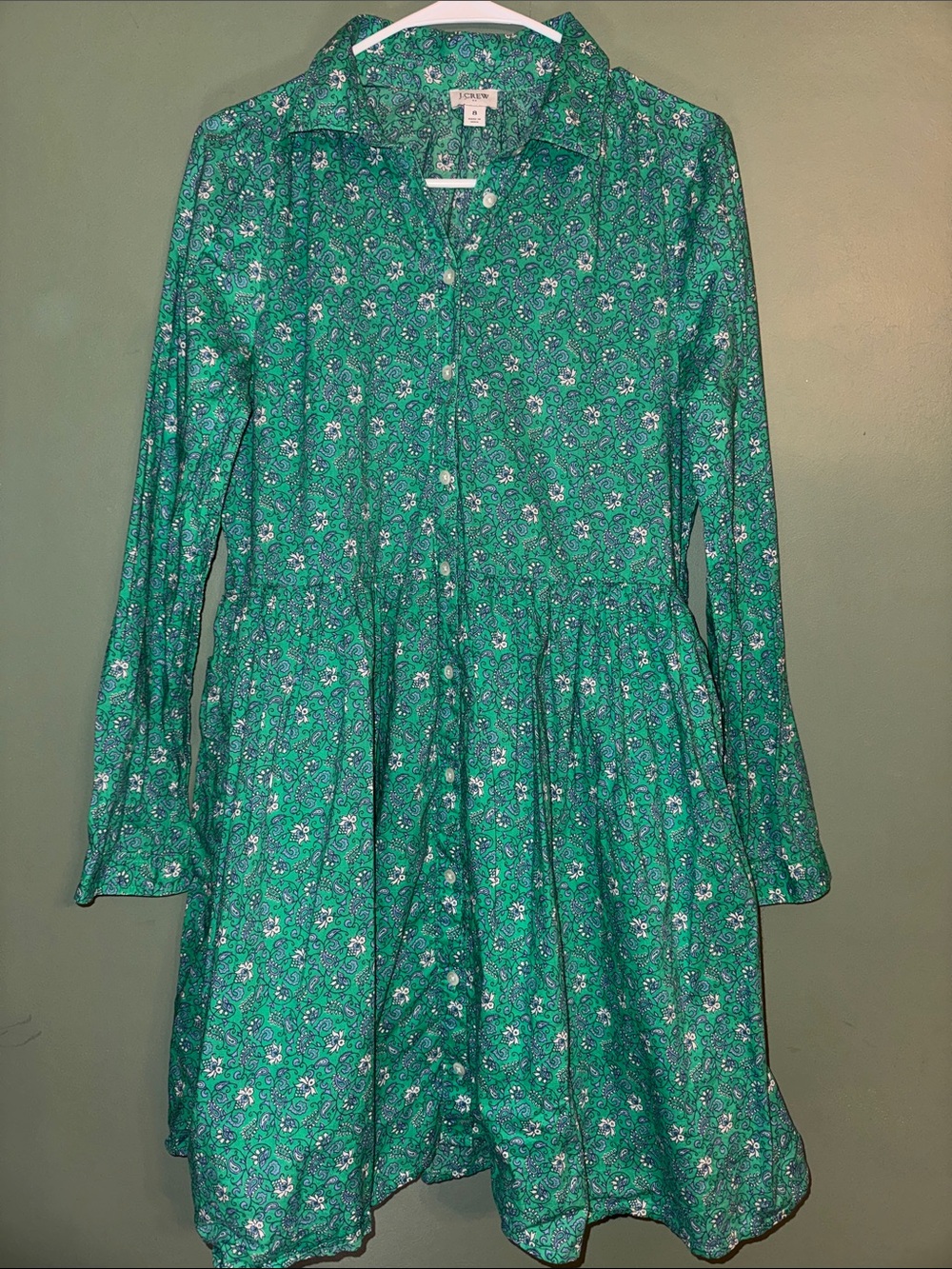 J. Crew Factory Green Floral Long-Sleeve Shirt Dress